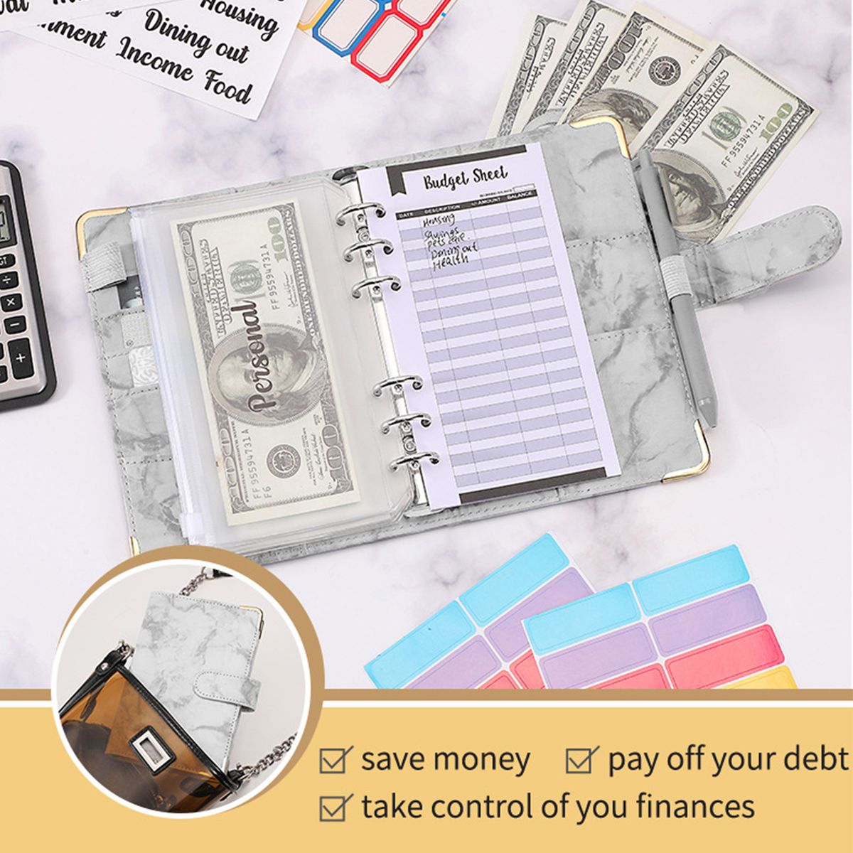 A6 Budget Binder With Marble Texture Pattern PU Leather