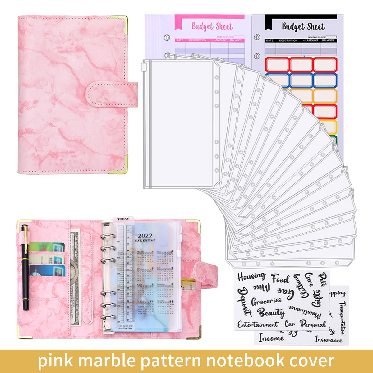 A6 Budget Binder With Marble Texture Pattern PU Leather