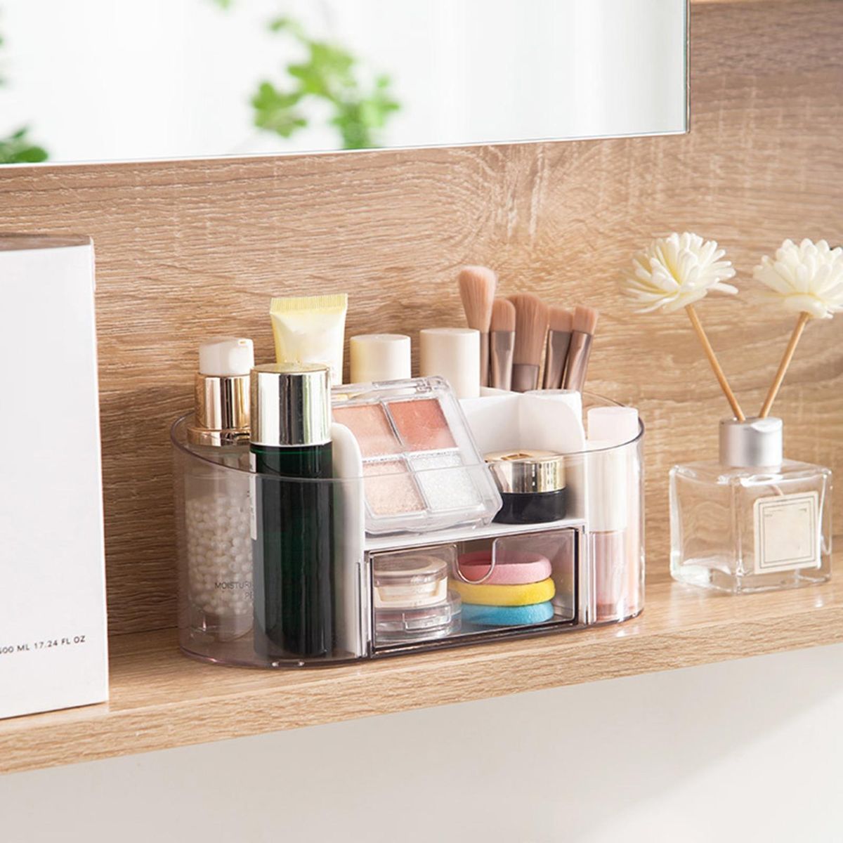 Transparent Cosmetic Organizer with Drawer Stylish Makeup for Home White