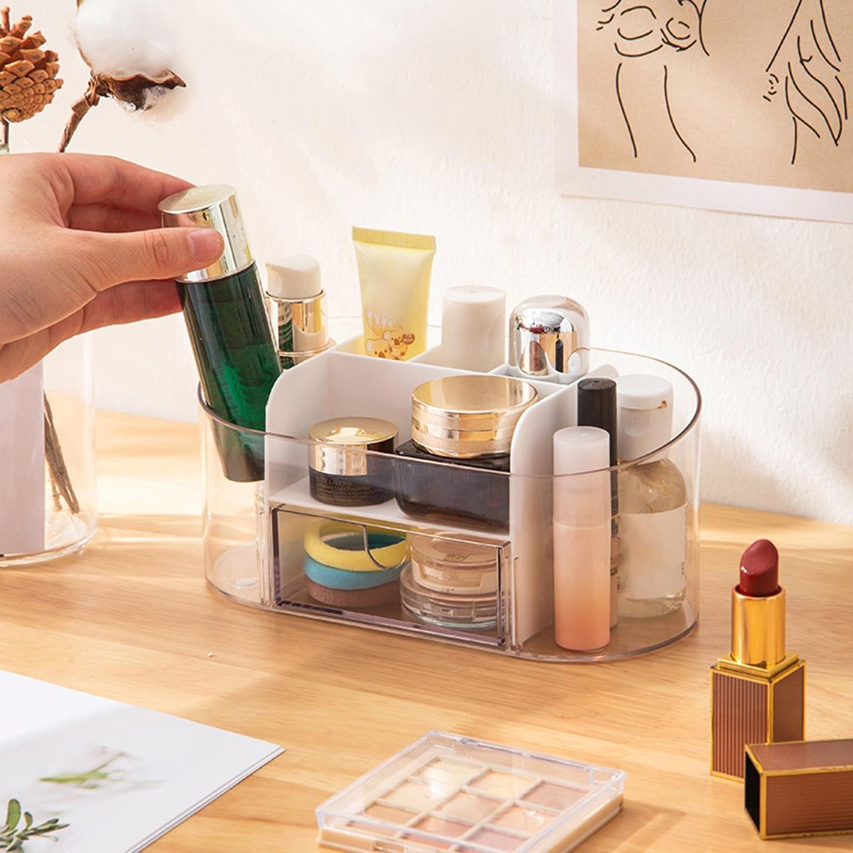 Transparent Cosmetic Organizer with Drawer Stylish Makeup for Home White