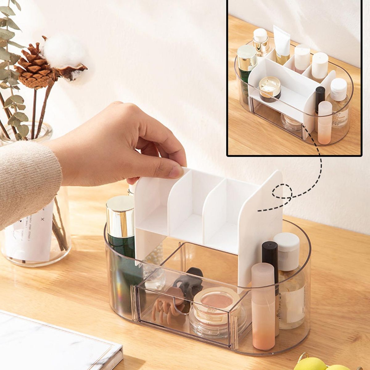 Transparent Cosmetic Organizer with Drawer Stylish Makeup for Home White