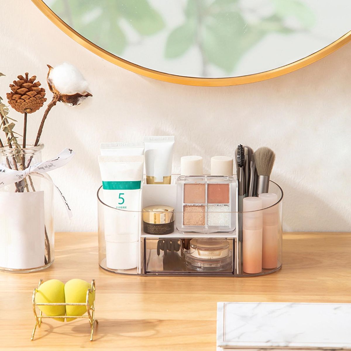 Transparent Cosmetic Organizer with Drawer Stylish Makeup for Home White