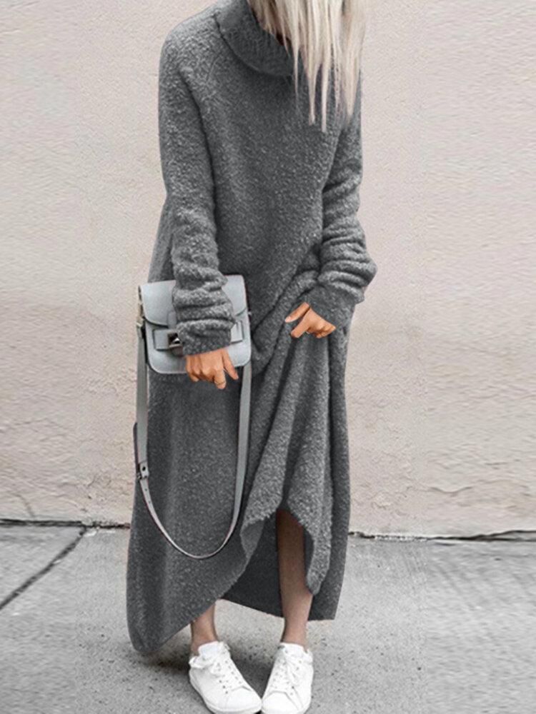 Women Fleece Long Solid Turtleneck Long Sleeve Ankle Length Casual Dresses