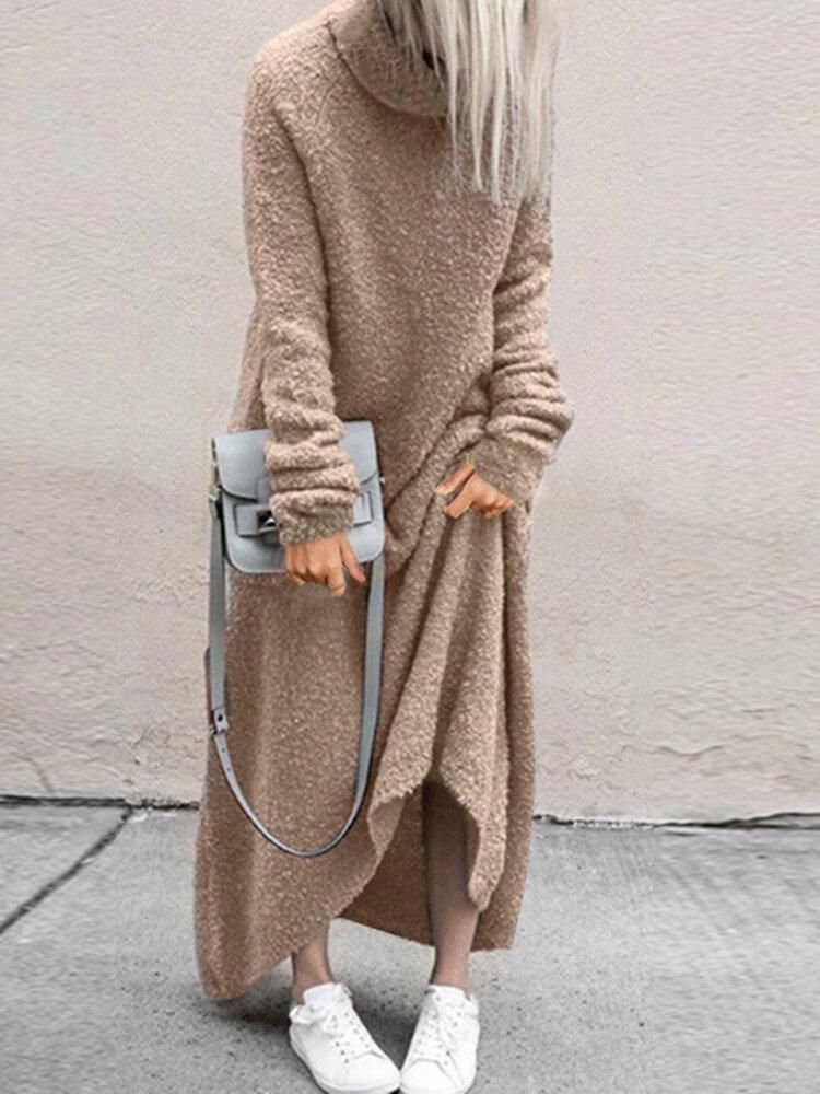 Women Fleece Long Solid Turtleneck Long Sleeve Ankle Length Casual Dresses