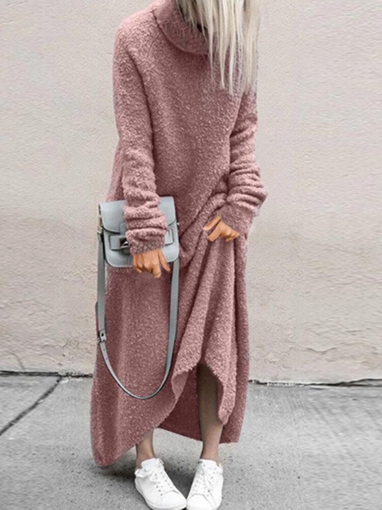 Women Fleece Long Solid Turtleneck Long Sleeve Ankle Length Casual Dresses