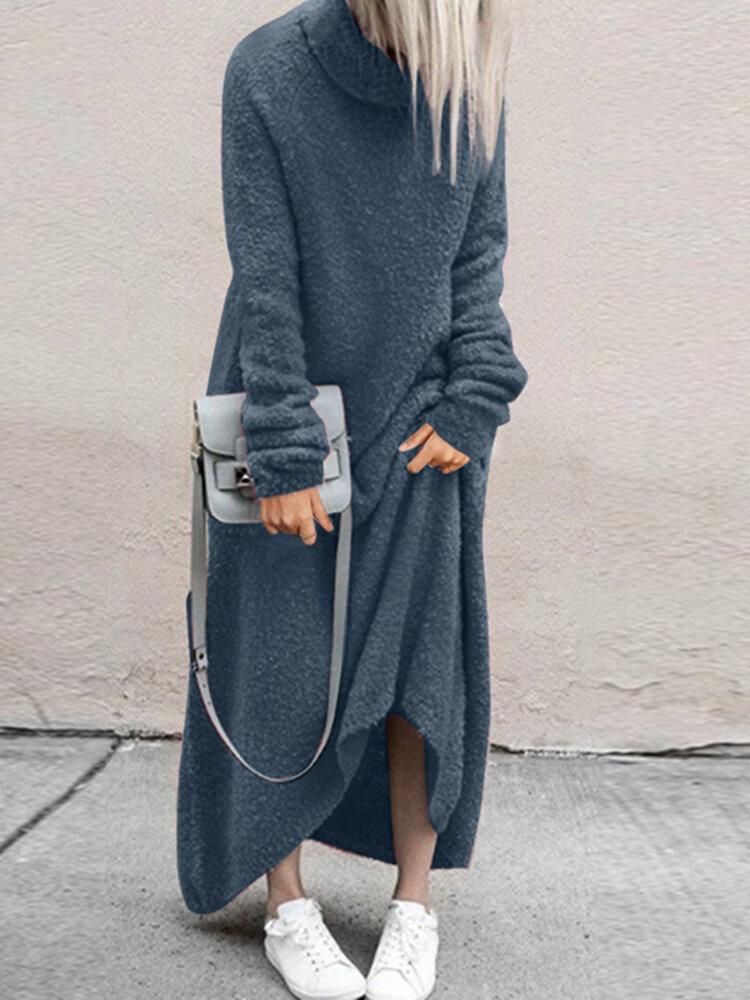 Women Fleece Long Solid Turtleneck Long Sleeve Ankle Length Casual Dresses