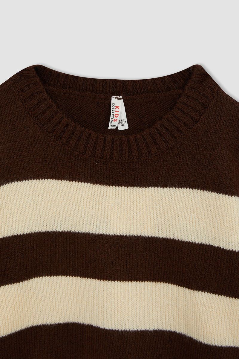 Girl - Regular Fit Crew Neck Long Sleeve Tricot Pullover - Brown