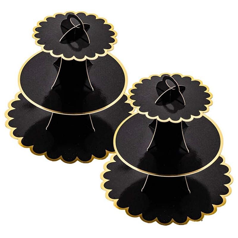 2Pcs Cardboard Cupcake Holder 3 Layers (Black + Gold