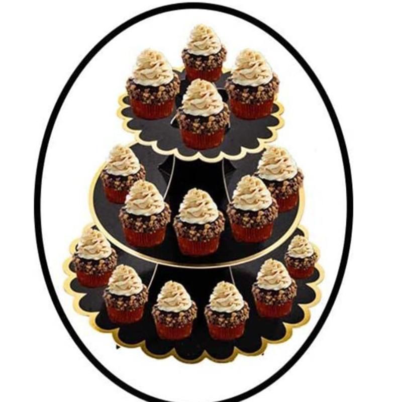 2Pcs Cardboard Cupcake Holder 3 Layers (Black + Gold