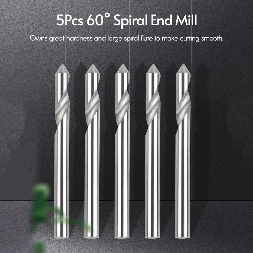 60 Degree Spiral Engraving End Mill Router Bit  V-Groove Carving Cutter 3D Engraving Bit with Flat Bottom 1/8 in Shank, 5 Pcs