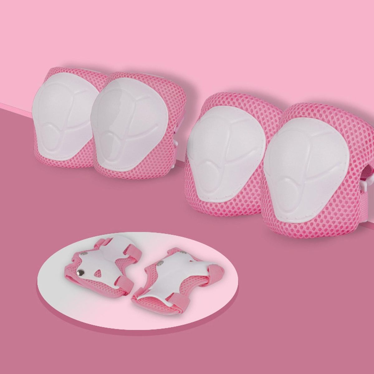 Kids Protective Gear Set Adjustable Knee Pads Elbow Guards for Sports Pink White