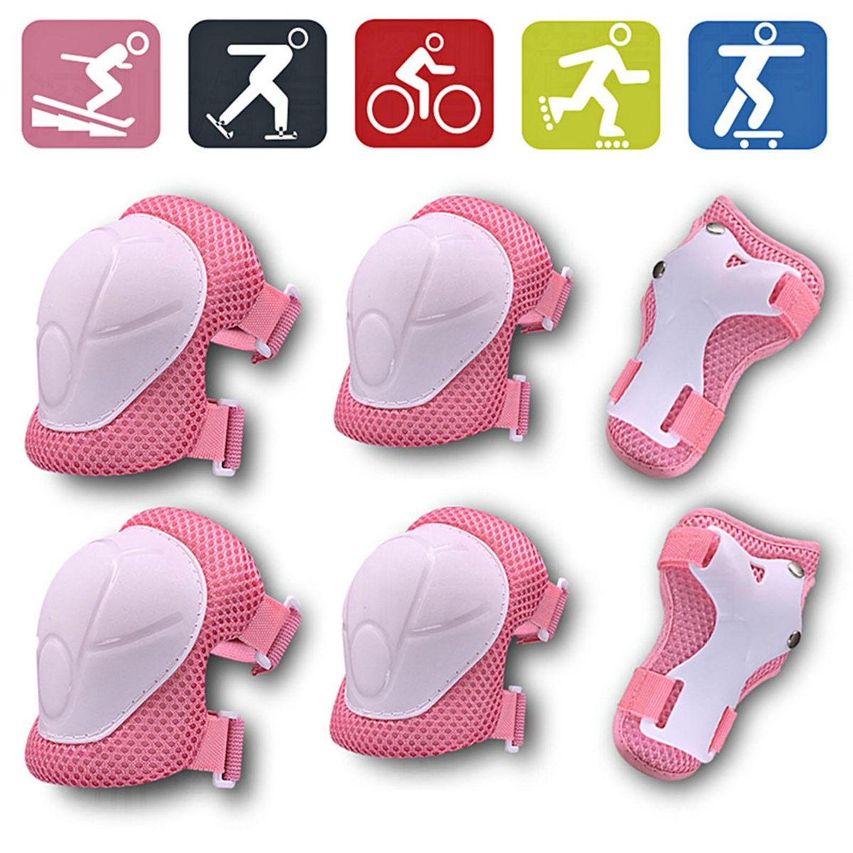 Kids Protective Gear Set Adjustable Knee Pads Elbow Guards for Sports Pink White