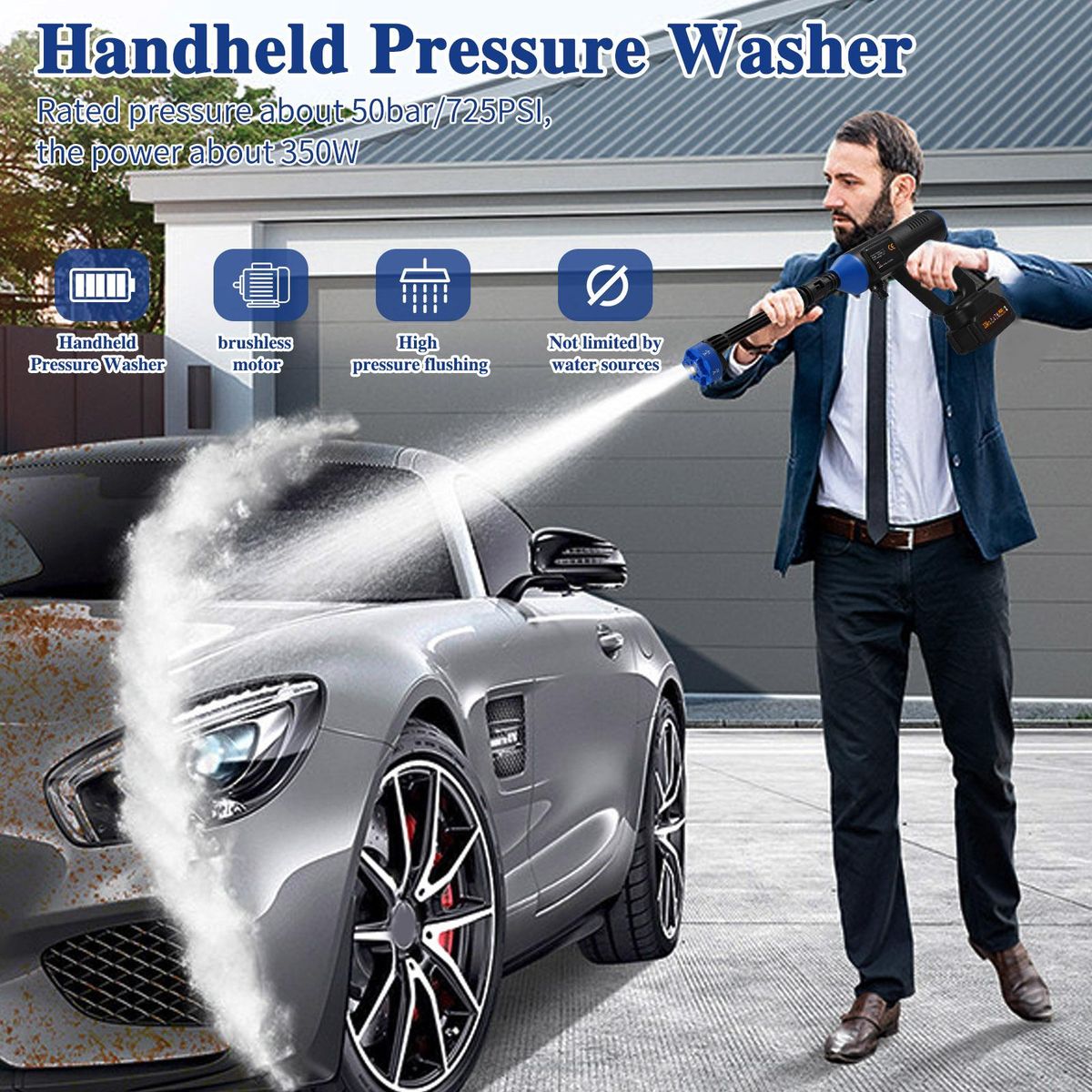 Handheld Pressure Washer Portable Powerful Cleaner 50bar/725PSI 350W Cordless Power Washer with Rechargeable 2 Pack 1500mAh*10 Battery Brushless Motor 6in1 Injection 10m Tube Toolbox Package Car Washer Gun for Home Floor Clea