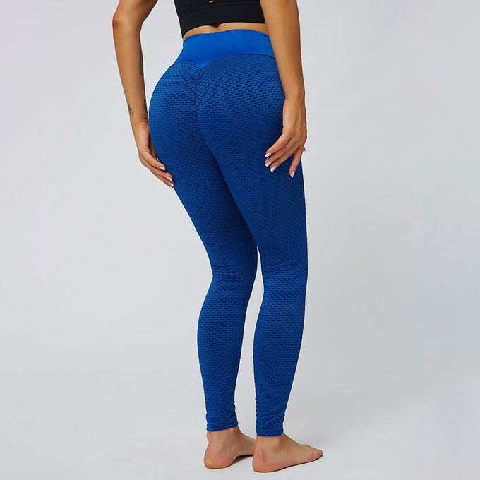 High Waist Beauty  O Ks Honey Omb Hip Lift Fitness Yoga Elasti  Pants-blue-S