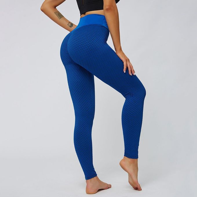High Waist Beauty  O Ks Honey Omb Hip Lift Fitness Yoga Elasti  Pants-blue-S