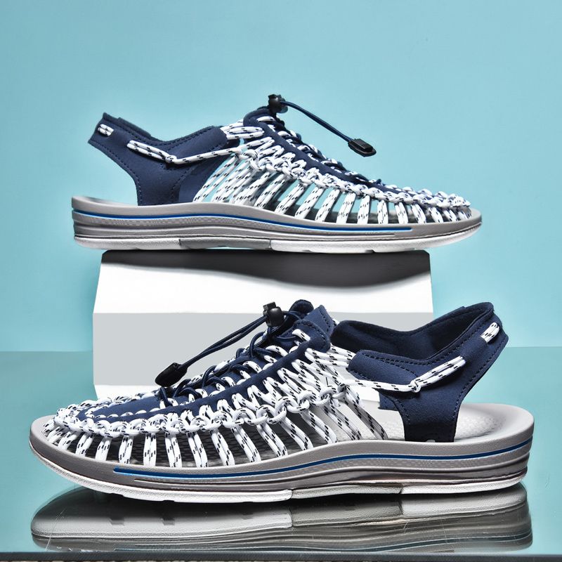 Summer Sandals Men Shoes EUR Size 35-48 Fashion Handmade Weaving Couples Gladiator Sandals Soft Non-slip Casual Beach Flat Sandals White Blue