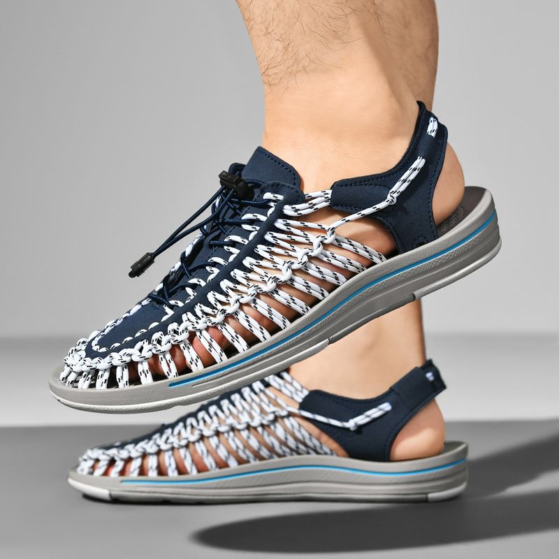 Summer Sandals Men Shoes EUR Size 35-48 Fashion Handmade Weaving Couples Gladiator Sandals Soft Non-slip Casual Beach Flat Sandals White Blue