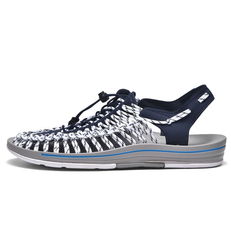 Summer Sandals Men Shoes EUR Size 35-48 Fashion Handmade Weaving Couples Gladiator Sandals Soft Non-slip Casual Beach Flat Sandals White Blue