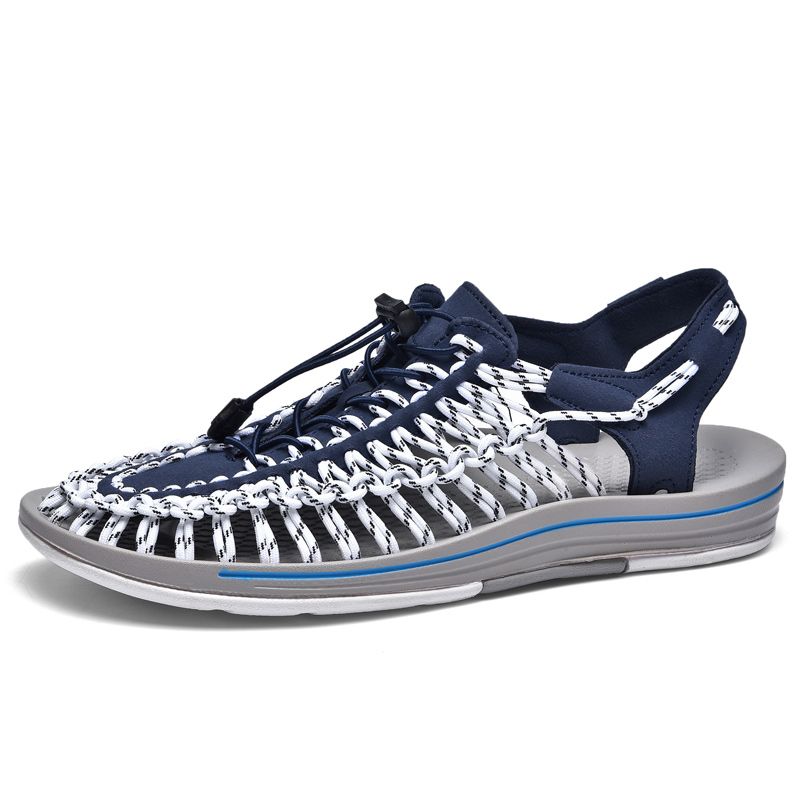Summer Sandals Men Shoes EUR Size 35-48 Fashion Handmade Weaving Couples Gladiator Sandals Soft Non-slip Casual Beach Flat Sandals White Blue