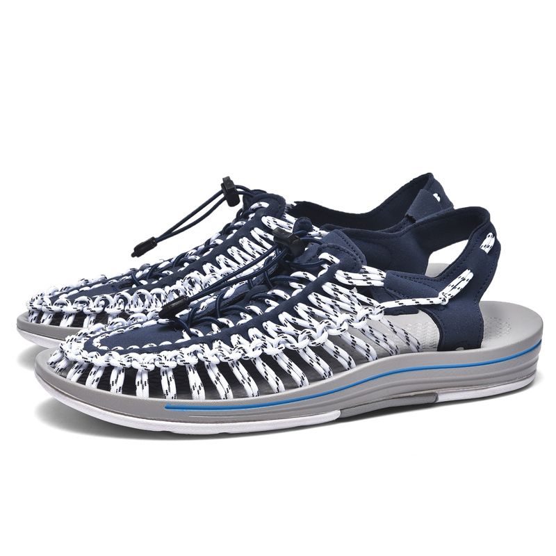 Summer Sandals Men Shoes EUR Size 35-48 Fashion Handmade Weaving Couples Gladiator Sandals Soft Non-slip Casual Beach Flat Sandals White Blue