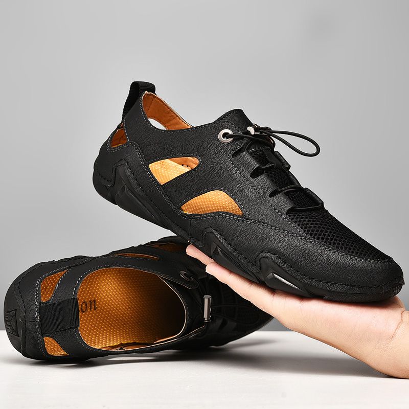 Summer Mesh Men Sandals Big Size 38-47 High Quality Breathable Leather Casual Shoes Men Beach Sandals Fashion Outdoor Handmade Flat Shoes Black