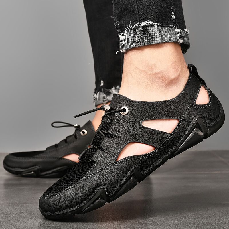 Summer Mesh Men Sandals Big Size 38-47 High Quality Breathable Leather Casual Shoes Men Beach Sandals Fashion Outdoor Handmade Flat Shoes Black