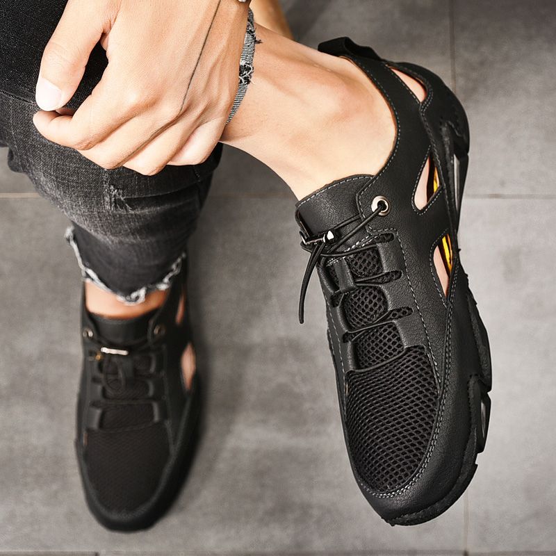 Summer Mesh Men Sandals Big Size 38-47 High Quality Breathable Leather Casual Shoes Men Beach Sandals Fashion Outdoor Handmade Flat Shoes Black