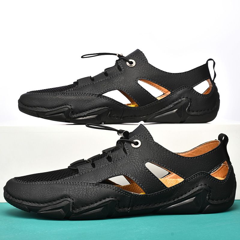 Summer Mesh Men Sandals Big Size 38-47 High Quality Breathable Leather Casual Shoes Men Beach Sandals Fashion Outdoor Handmade Flat Shoes Black