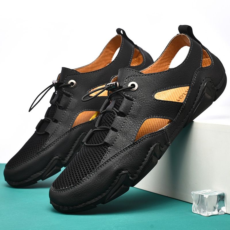 Summer Mesh Men Sandals Big Size 38-47 High Quality Breathable Leather Casual Shoes Men Beach Sandals Fashion Outdoor Handmade Flat Shoes Black