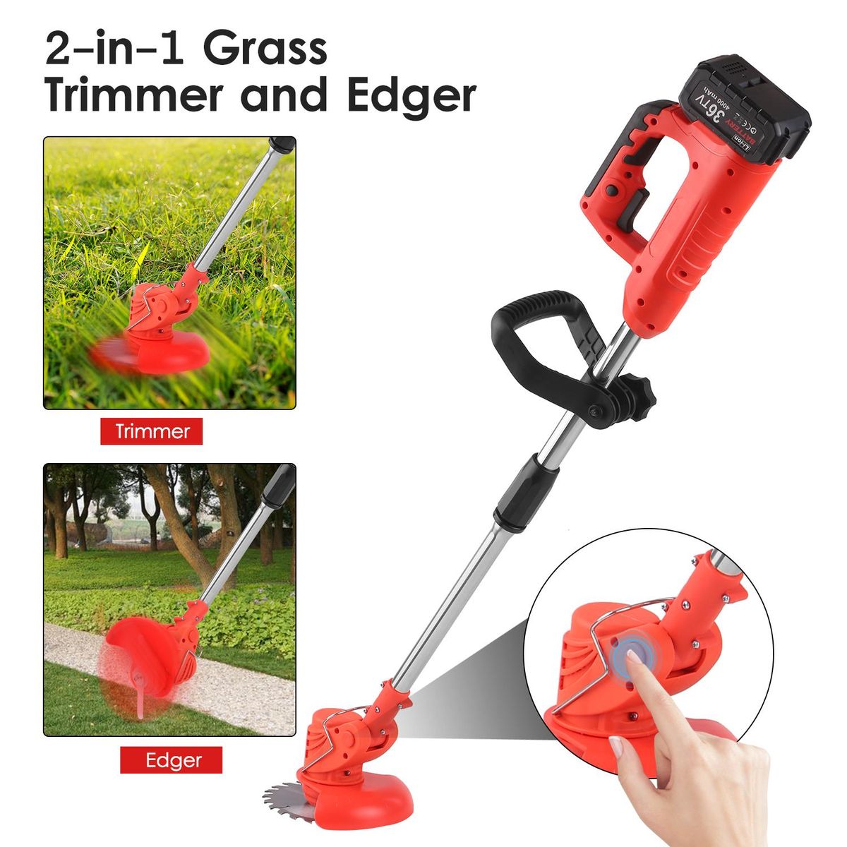 Cordless Grass Trimmer Edger 21V Battery-Powerd Weed Eater Electric Brush Cutter Grass Shears Hedge Trimmer with 4Ah Battery and Charger and Replacement Blades Included for Yard Maintenance