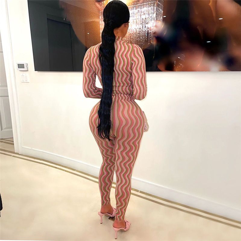 Two Piece Set Women Hipster Zip-up Full Sleeve Top+High Waist Skinny Pants