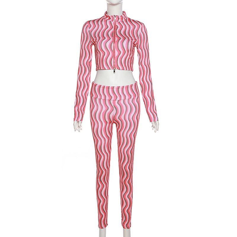 Two Piece Set Women Hipster Zip-up Full Sleeve Top+High Waist Skinny Pants
