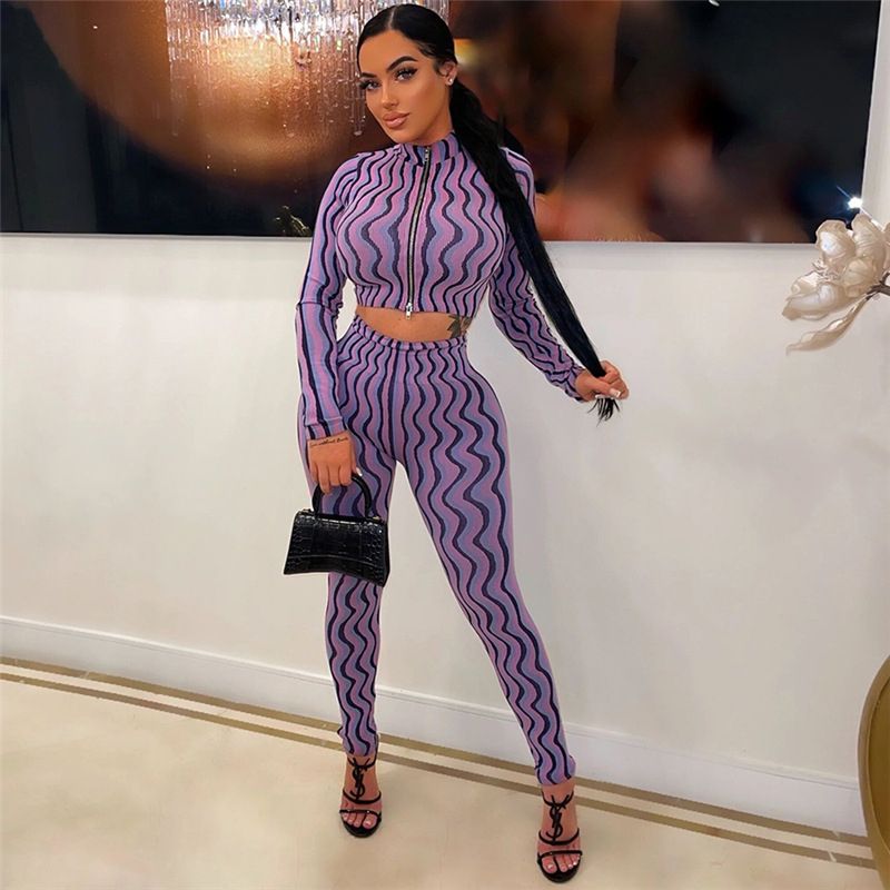 Two Piece Set Women Hipster Zip-up Full Sleeve Top+High Waist Skinny Pants