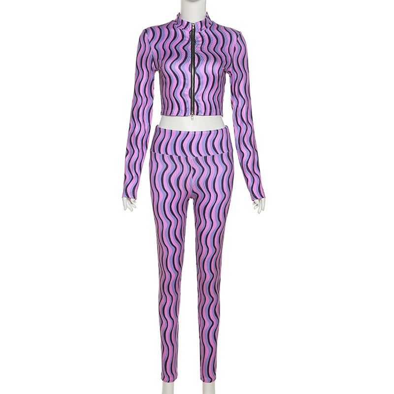 Two Piece Set Women Hipster Zip-up Full Sleeve Top+High Waist Skinny Pants