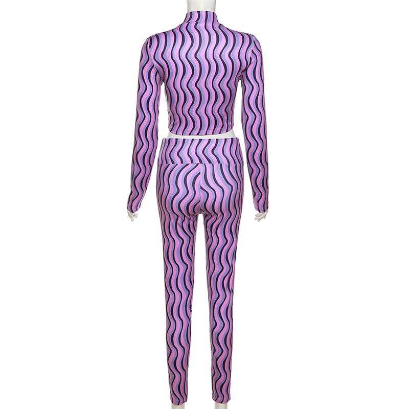 Two Piece Set Women Hipster Zip-up Full Sleeve Top+High Waist Skinny Pants