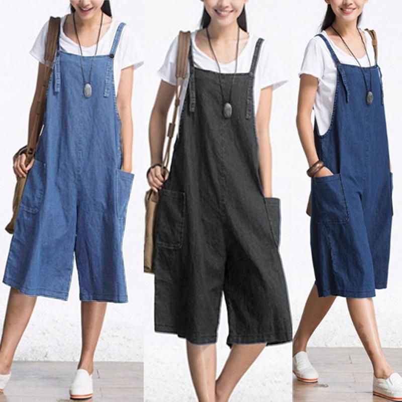 Rompers Womens Jumpsuit Summer Autumn Sleeveless Fashion Wide Leg Pants Denim Calf Length Vintage Overalls S-5XL