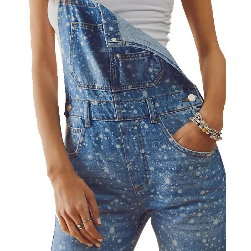 Women Fashion Printed  Denim Rousers Lady Jeans Overalls