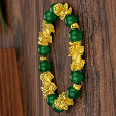 Mens Golden Feng Shui Black Obsidian Wealth Bracelet - Green