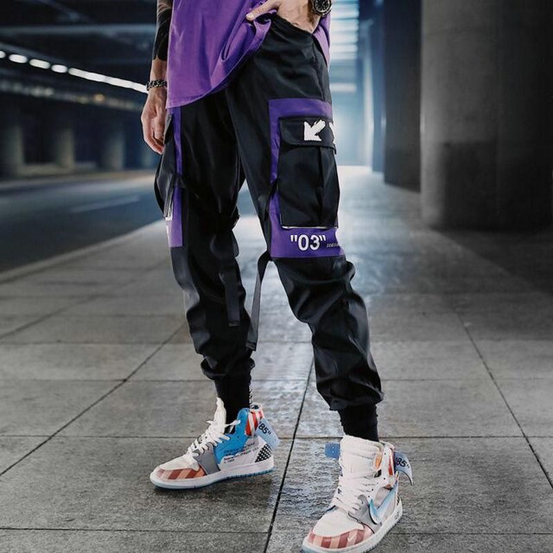 Pants Care with Hip Hop Ribbons for Mens Street Clothing Elastic Waist Trucks Tracksuit Pants with Ribbons