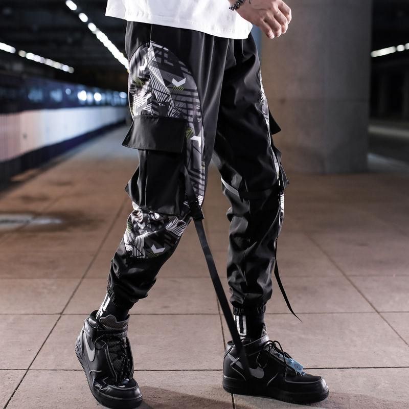 Pants Care with Hip Hop Ribbons for Mens Street Clothing Elastic Waist Trucks Tracksuit Pants with Ribbons