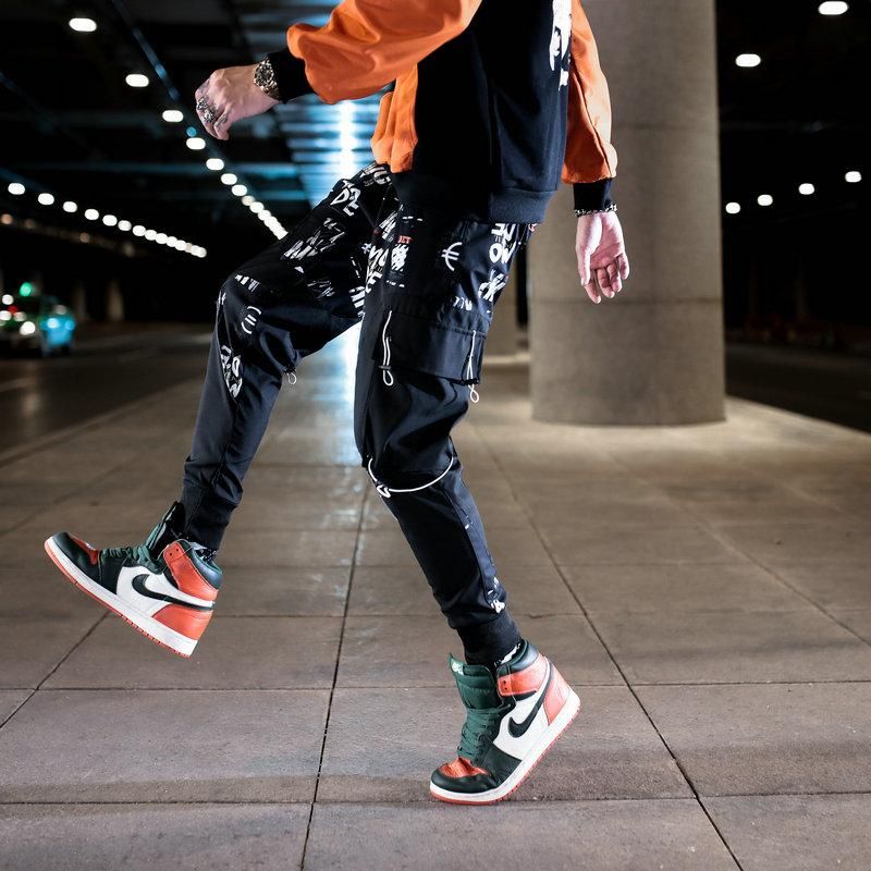 Pants Care with Hip Hop Ribbons for Mens Street Clothing Elastic Waist Trucks Tracksuit Pants with Ribbons