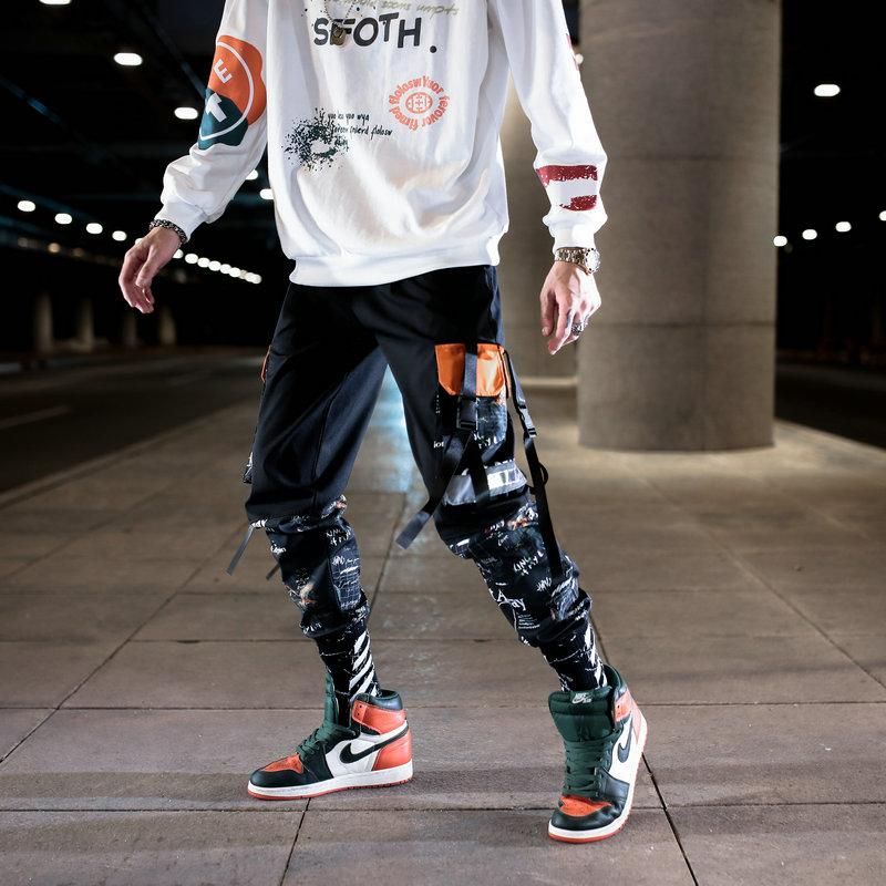 Pants Care with Hip Hop Ribbons for Mens Street Clothing Elastic Waist Trucks Tracksuit Pants with Ribbons