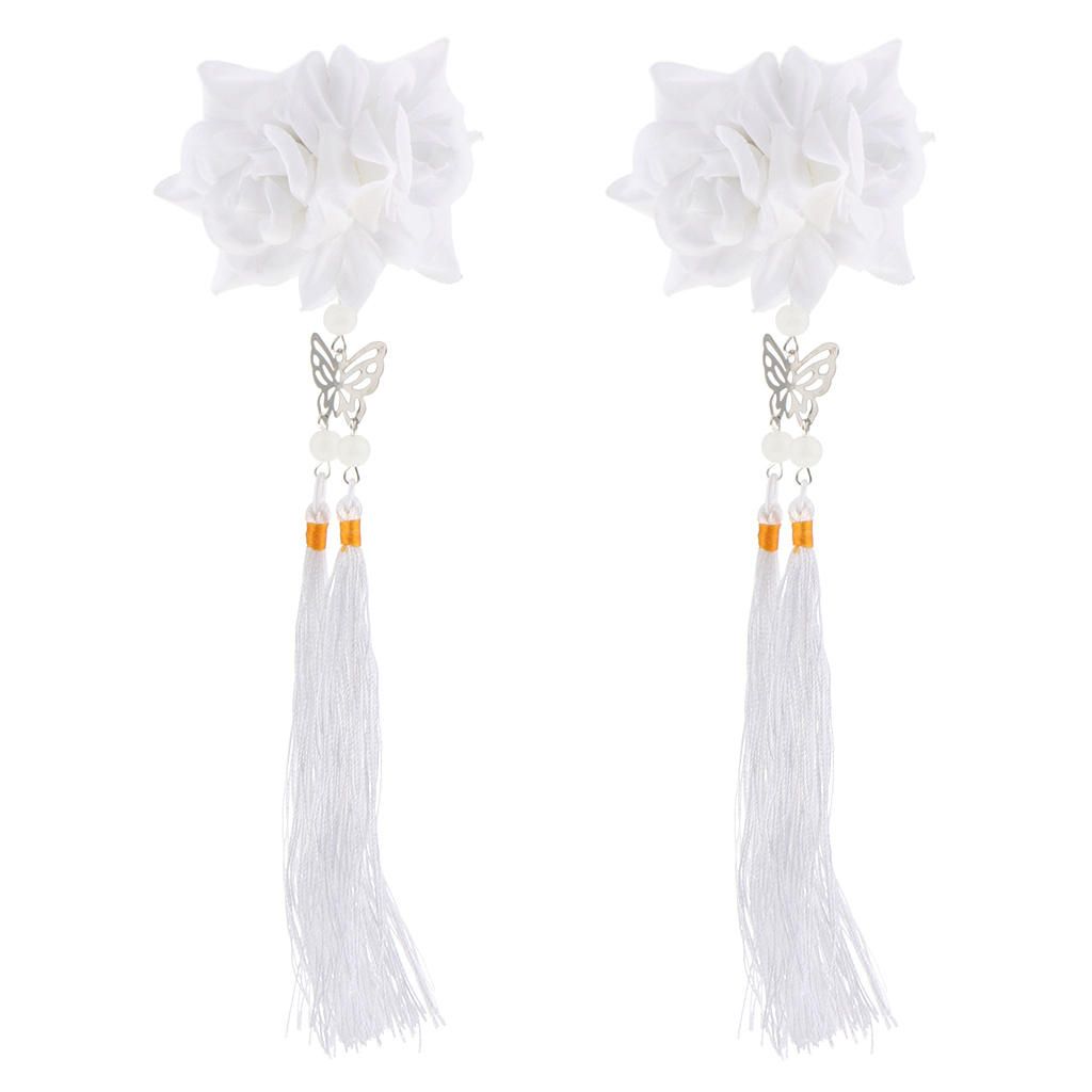 2 Pieces Fbaric Flower Butterfly Tassel Hair Clip Hair White