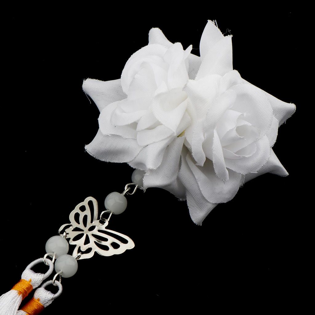 2 Pieces Fbaric Flower Butterfly Tassel Hair Clip Hair White