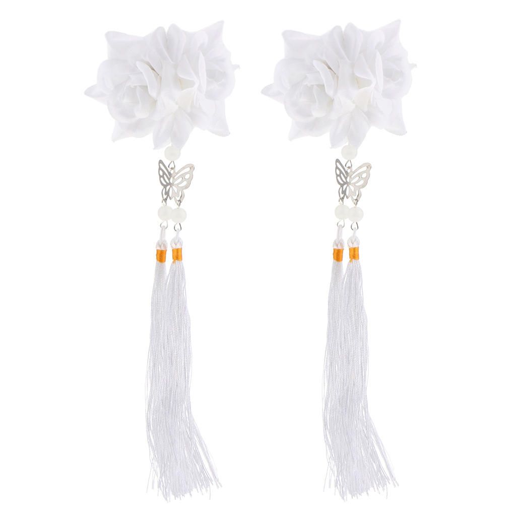2 Pieces Fbaric Flower Butterfly Tassel Hair Clip Hair White