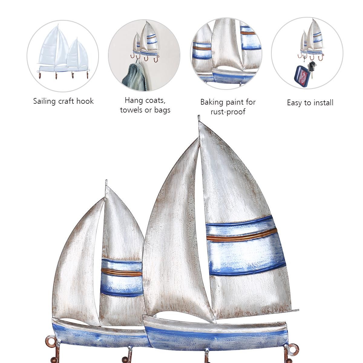Tooarts Sailing Boat Wall Hook Iron Hanger 4 Hooks for Coats Bags Wall Mount Clothes Holder Decorative Gift