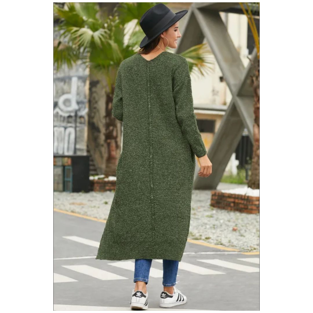 R Green Open Front Knit Long Cardigan