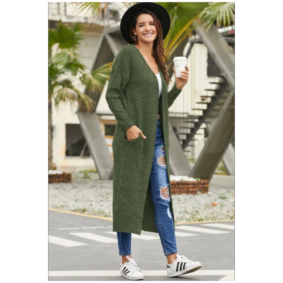R Green Open Front Knit Long Cardigan