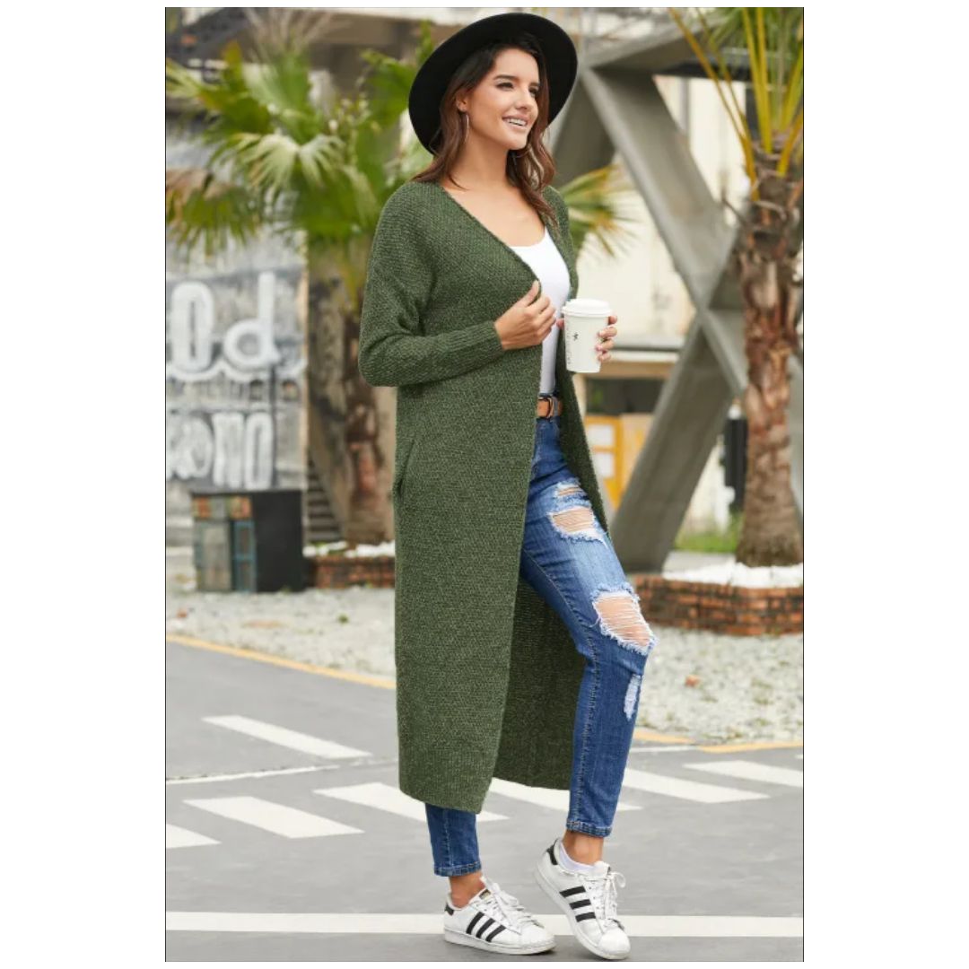 R Green Open Front Knit Long Cardigan