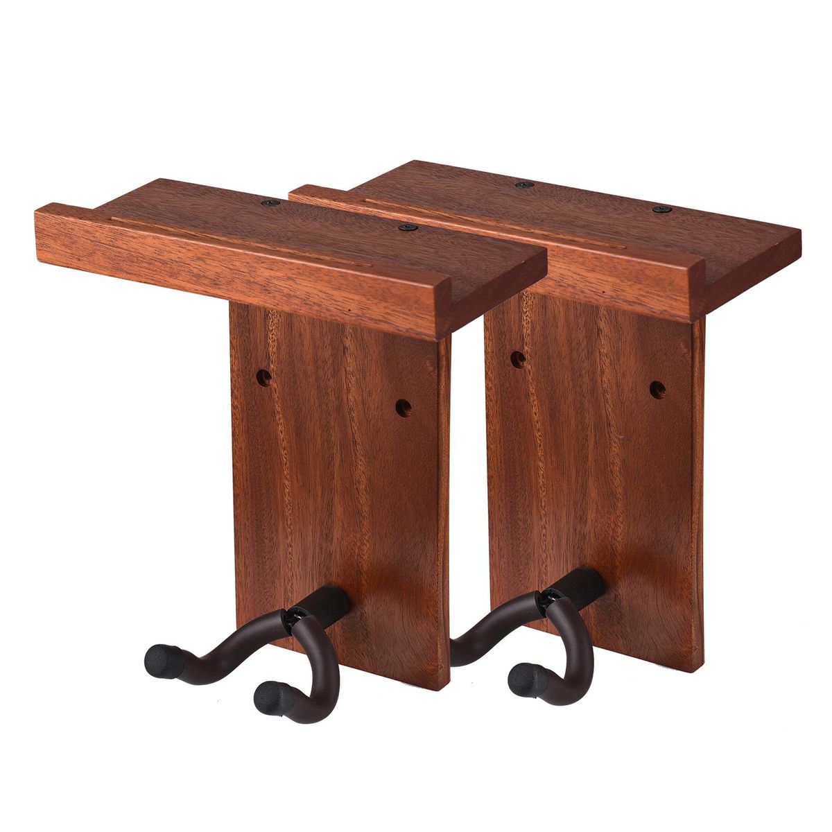 2pcs Multifunction Wall Guitar Hanger DIY Kit Mahogany Wooden Wall Mounted Hanger Shelf Pick Holder Screw Fixed for Acoustic Classic Electric Guitars Bass Ukulele Household Ornaments